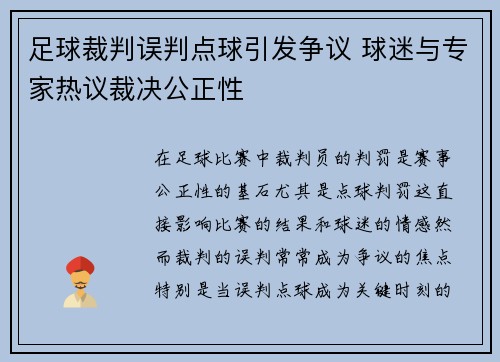 足球裁判误判点球引发争议 球迷与专家热议裁决公正性