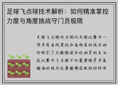 足球飞点球技术解析：如何精准掌控力度与角度挑战守门员极限