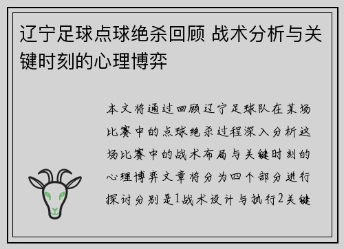 辽宁足球点球绝杀回顾 战术分析与关键时刻的心理博弈