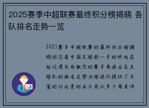 2025赛季中超联赛最终积分榜揭晓 各队排名走势一览