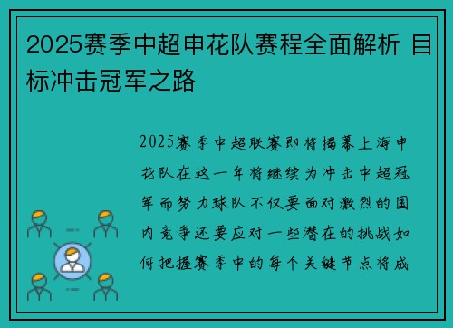 2025赛季中超申花队赛程全面解析 目标冲击冠军之路