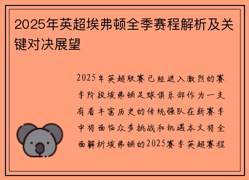 2025年英超埃弗顿全季赛程解析及关键对决展望